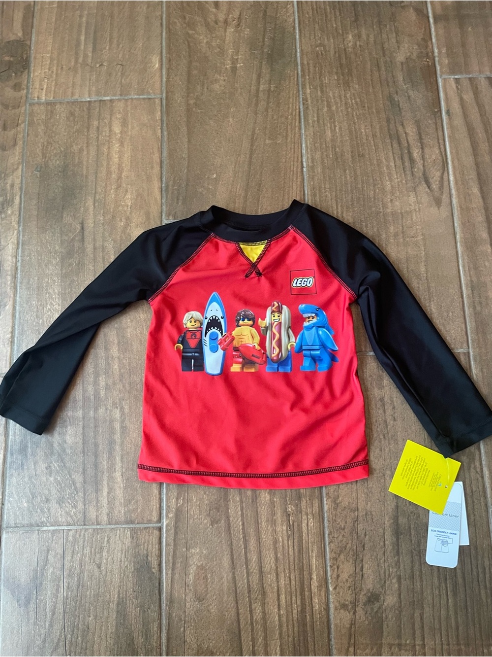 Lego Red and Black Long Sleeve Kids Rash Guard with Minifigure Graphic